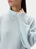 A close-up of a model wearing a pale mint green ribbed knit mock neck sweater against a light gray background.