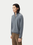 Men's  Dim Gray Half-Zip Cashmere Sweater worn by model, side view on white background