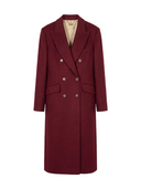 Double-Breasted Long Coat in bordeaux color with peaked lapels and a long silhouette for ultimate cold-weather elegance.