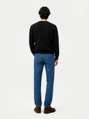 Men's Black Crewneck Cashmere Sweater worn by model, back view on white background