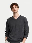 Men's Charcoal Cashmere V-Neck Sweater worn by model detail view on white background  