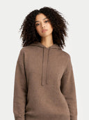 Women's Cashmere Pullover Hoodie Taupe worn by model, detail view on white background