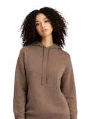 Natural Color Cashmere Pullover Hoodie in taupe worn by a model, showcasing the relaxed fit and adjustable drawstring hood.