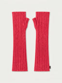 A pair of bright red ribbed knit fingerless arm warmers laid flat on a light off-white background.