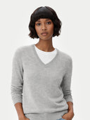 Woman wearing a gray cashmere sweater over a white shirt on a light gray background. #color_steel-silver
