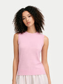Women's Almond Blossom Cashmere Crewneck Vest  worn by model, detail view on white background
