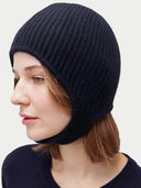 Model wearing the Knitted Aviator Cap in Navy, close front view