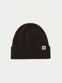 The Seamless Cashmere Rib Knit Beanie in Olive Brown, flat lay front view