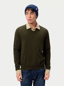 Model wearing the Seamless Cashmere Rib Knit Beanie in Deep Blue, full-length front view