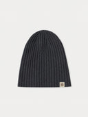 Seamless Cashmere Rib Knit Hat in Midnight Blue, ribbed beanie with small logo patch, front view flat lay
