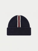 Flat lay of the Cashmere Intarsia-Stripe Beanie in Navy, front view with the wine red and off-white intarsia stripe