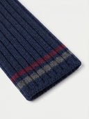 Close-up of the Cashmere Striped Fingerless Gloves in Navy
