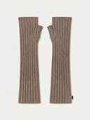 Flat lay of the Cashmere Rib-Knit Fingerless Gloves in Taupe, showing thumb openings and long ribbed cuffs