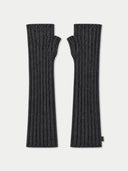 A pair of dark gray ribbed knit fingerless arm warmers shown flat against a light gray background.