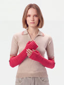 Model wearing the Cashmere Rib-Knit Fingerless Gloves in Bright Red, front view