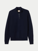 Men's Cashmere Waffle Knit Half-Zip Sweater Navy Blazer worn by model, detail view on white background