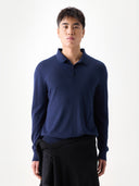 Men Classic Polo Shirt with Long Sleeve Mood Indigo  worn by model, detail view on white background