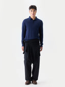 Men Classic Polo Shirt with Long Sleeve Mood Indigo  worn by model, front view on white background