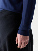 Men Classic Polo Shirt with Long Sleeve Mood Indigo  worn by model, detail view on white background