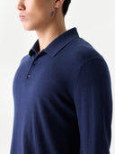Men Classic Polo Shirt with Long Sleeve Mood Indigo  worn by model, detail view on white background