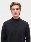 Model wearing the Seamless Cashmere Lightweight Crewneck Sweater in Charcoal, close front view