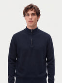 Model wearing the Seamless Cashmere Lightweight Crewneck Sweater in Navy, close front view