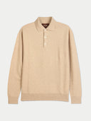 A beige knit polo sweater with a three-button placket, displayed flat against a light gray background. The brand name 'Gobi' is visible on the inner neck label.