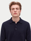 Model wearing the Cashmere Classic Polo Sweater in Navy, close front view