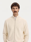 Cashmere Full-Zip Cardigan in white, worn by a model