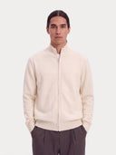 Cashmere Full-Zip Cardigan in white, worn by a model