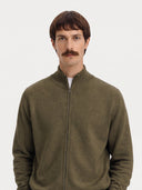 Cashmere Full-Zip Cardigan in avocado, worn by a model