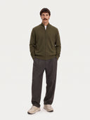 Cashmere Full-Zip Cardigan in avocado, worn by a model