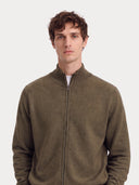 Cashmere Full-Zip Cardigan in avocado, worn by a model