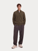 Cashmere Full-Zip Cardigan in avocado, worn by a model