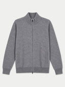 Flat lay of the gray cashmere full-zip cardigan with a stand collar and side pockets.