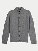 A gray cable-knit cardigan sweater with a stand collar and dark buttons, displayed flat against a light gray background.