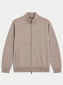 Flat lay of the Seamless Cashmere Full-Zip Stand-Collar Cardigan in Taupe.