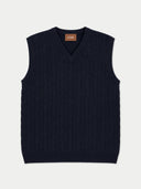 Flat lay of the Cashmere Cable-Knit V-Neck Vest in Navy.