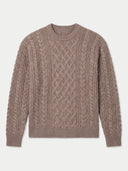 A cable-knit crewneck sweater in a muted taupe-brown color, displayed flat against a light gray background.