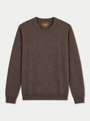 A dark brown crewneck sweater by GOBI, laid flat against a light gray background.