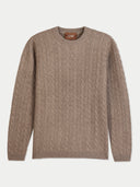 A taupe cable-knit crewneck sweater with a brown leather brand label reading 'GOBI' on the inner collar, displayed flat against a light gray background.