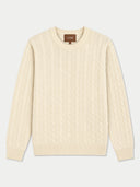 A cream-colored cable-knit crewneck sweater by Gobi, displayed flat against a light gray background.