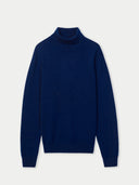 Men's Navy Turtleneck Cashmere Sweater detail view on white background