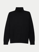 A black long-sleeve turtleneck sweater displayed flat against a light gray background.