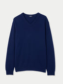 Men's Navy Cashmere V-Neck Sweater  detail view on white background