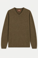 A light gray heather V-neck sweater with long sleeves, shown flat against a light gray background. The brand label 'GOBI' is visible inside the collar.
