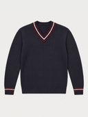 Flat lay of the Cashmere Cricket V-Neck Sweater in Navy, ribbed knit with wine red and white stripes at the V-neck and cuffs