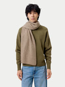 Cashmere Reversible Scarf Taupe worn by model, detail view on white background