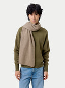 Cashmere Reversible Scarf Taupe worn by model, detail view on white background