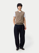 Timeless V-Neck Cashmere Vest Taupe  worn by model, front view, on white background